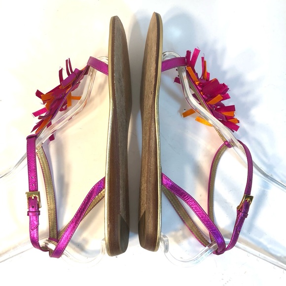 KATE SPADE Metallic Leather Pink & Orange Fringe Ankle Strap Flat Sandals - Picture 5 of 11